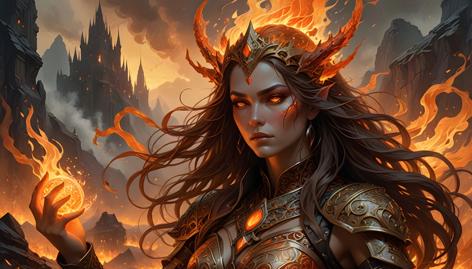 Sorceress of Fiery Power in a Fantasy Landscape