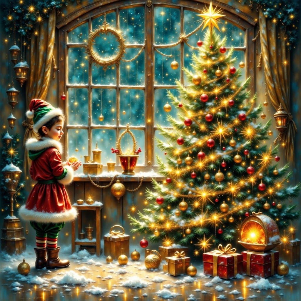 Whimsical Christmas Elves Decorating Tree in Storybook Style