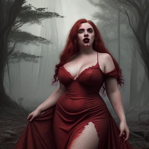 Vampiric Red Gown on Freckled Beauty: Detailed Fantasy Art