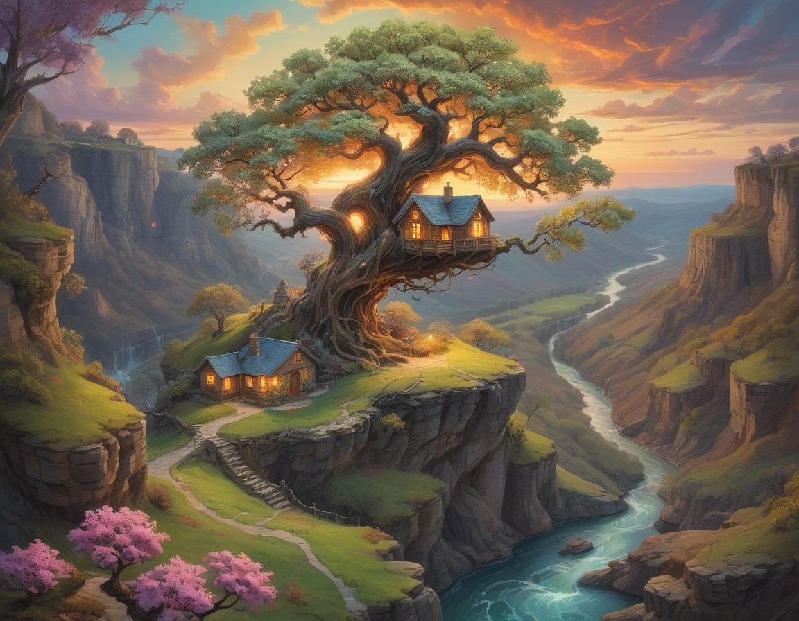 Surreal Oak Tree in Fantasy Landscape Painting