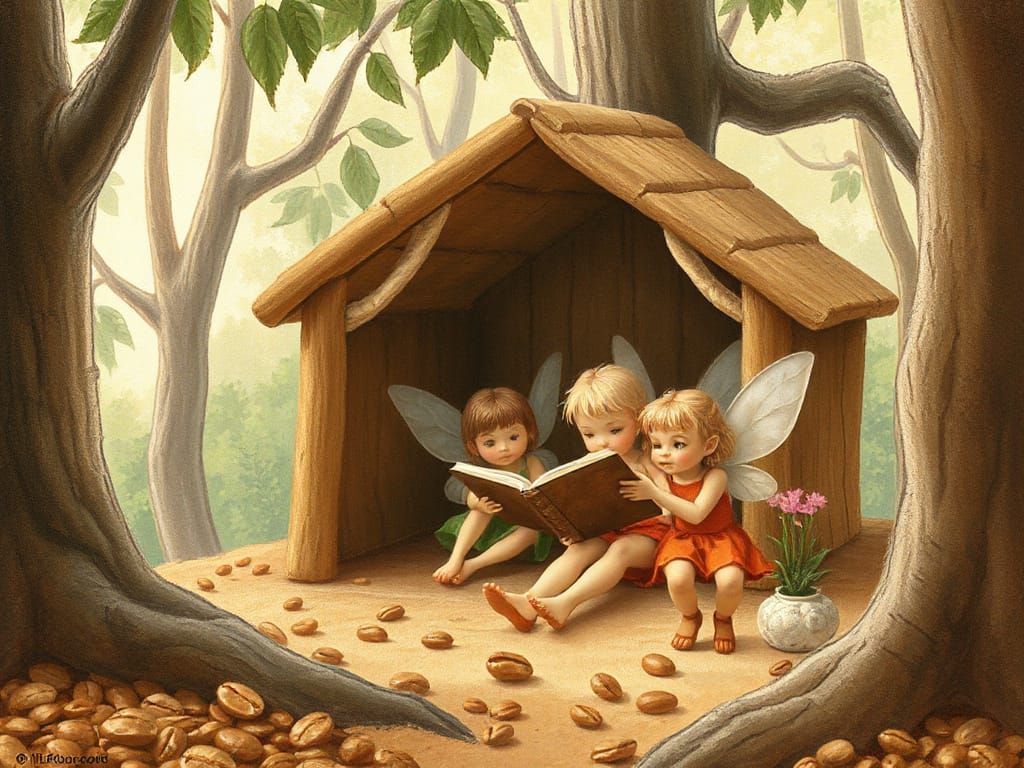Fairies Reading Book in Coffee Forest: Pastel Drawing