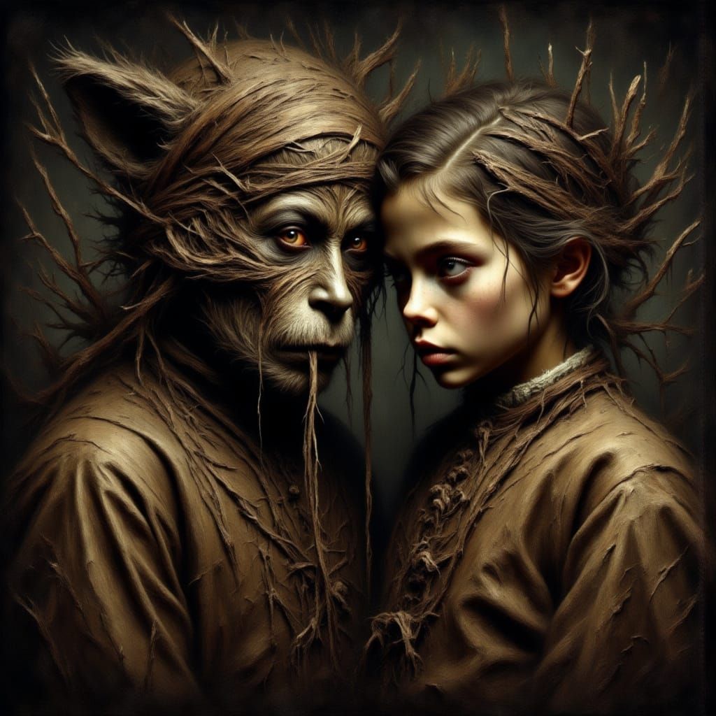 Navajo Child Meets Coyote Trickster in Dark Fantasy Oil Pain...