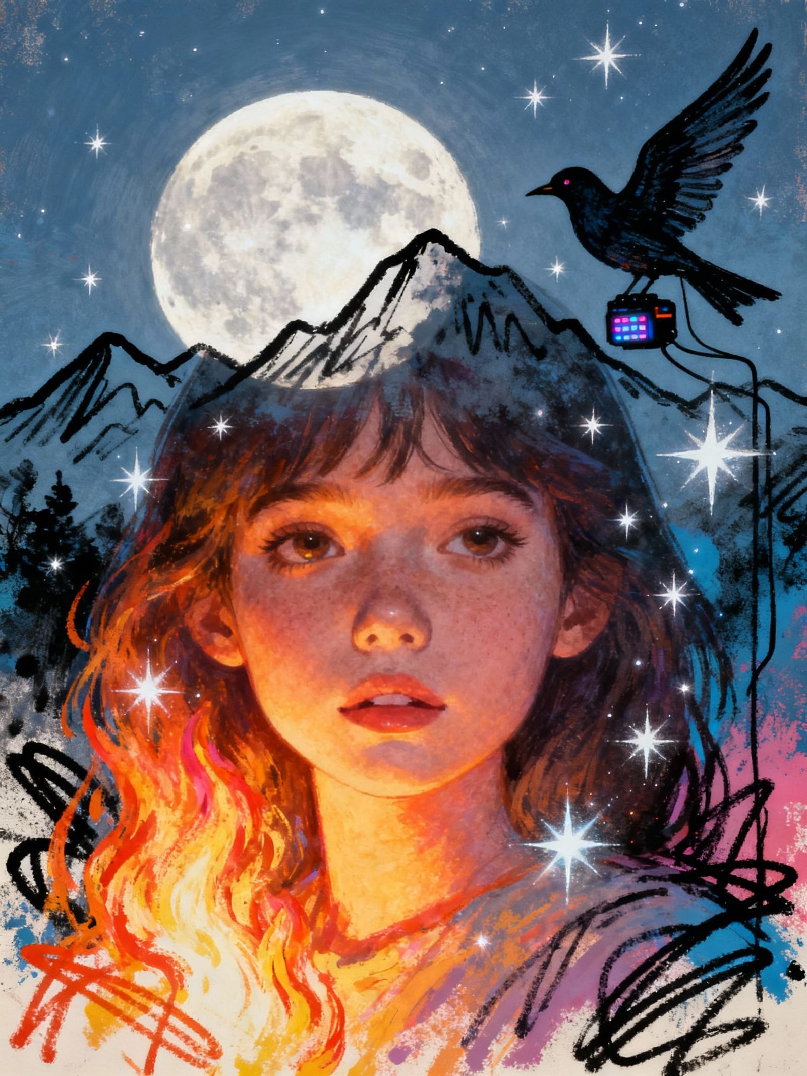 Ethereal Fiery Moonlit Portrait with Starling