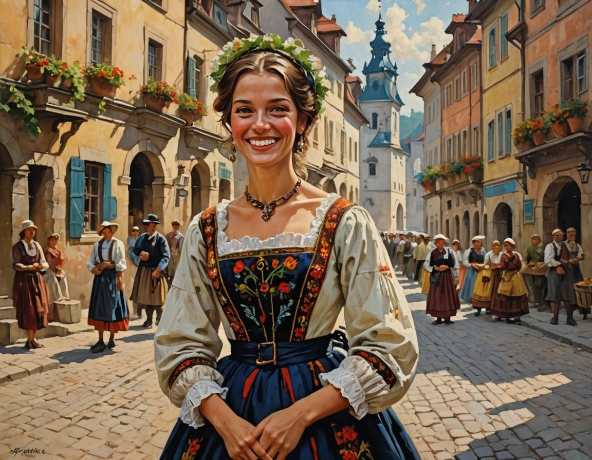Moravian Woman in Folk Dress, Oil Painting