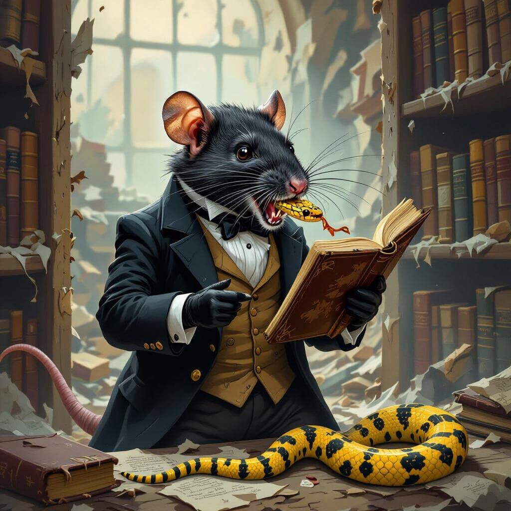 Victorian Rat Devouring Snake in Decaying Library