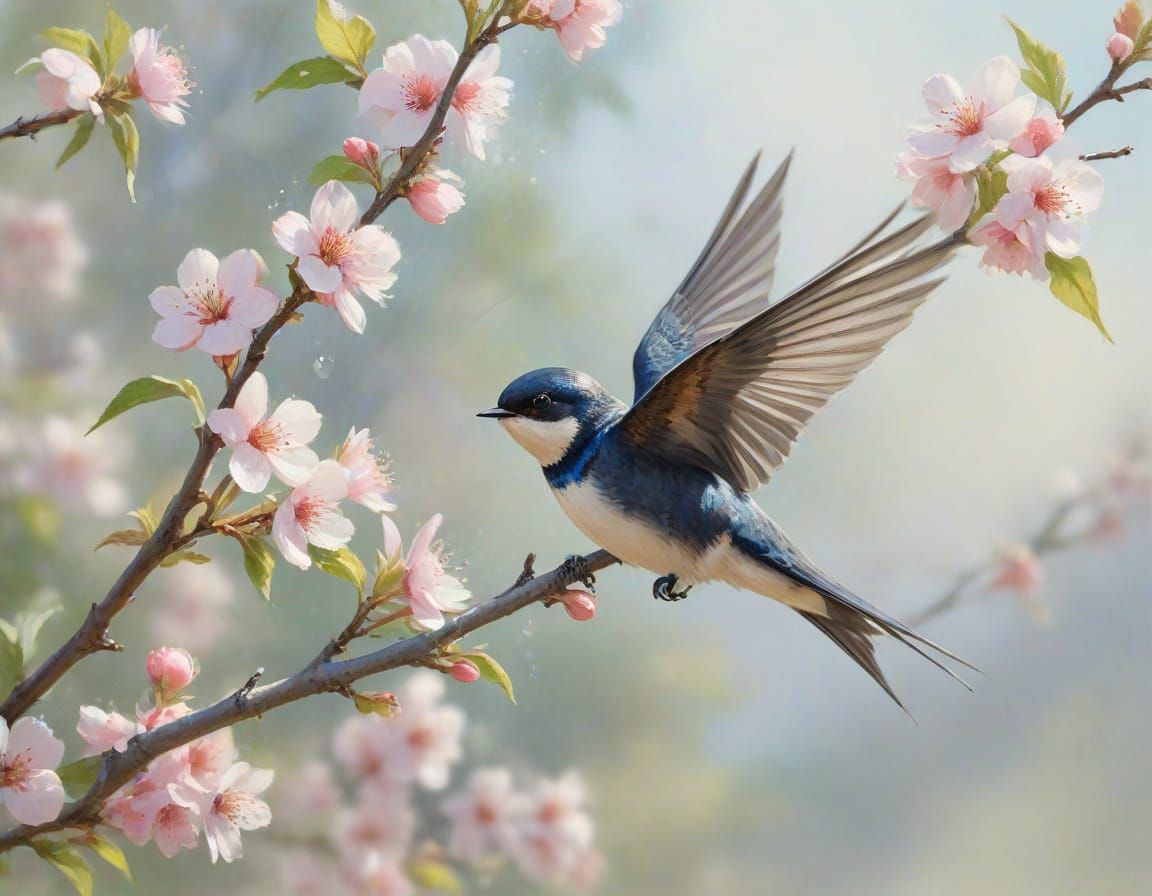 Impressionist Swallow with Apple Blossoms