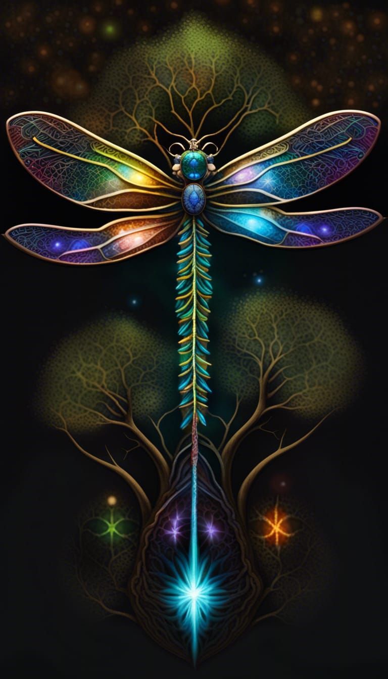 Luminous Chakra Dragonfly and Cosmic Tree of Life