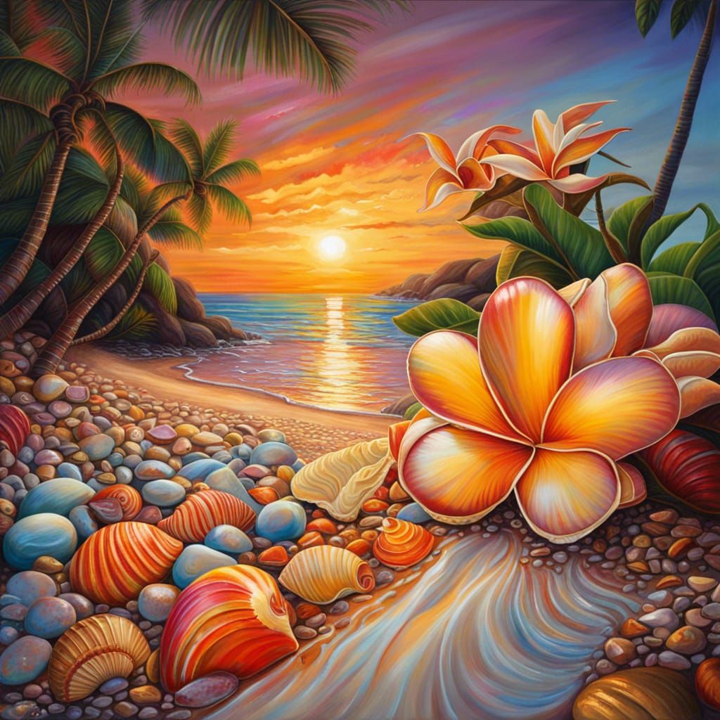 Lush Tropical Beach Oil Painting at Sunset