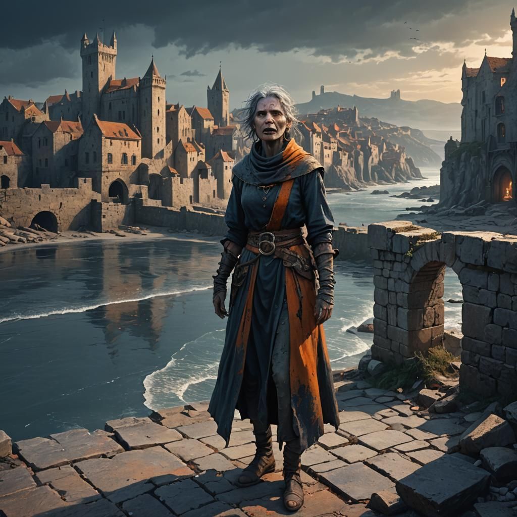 Dark Fantasy Woman at Medieval Seaside City