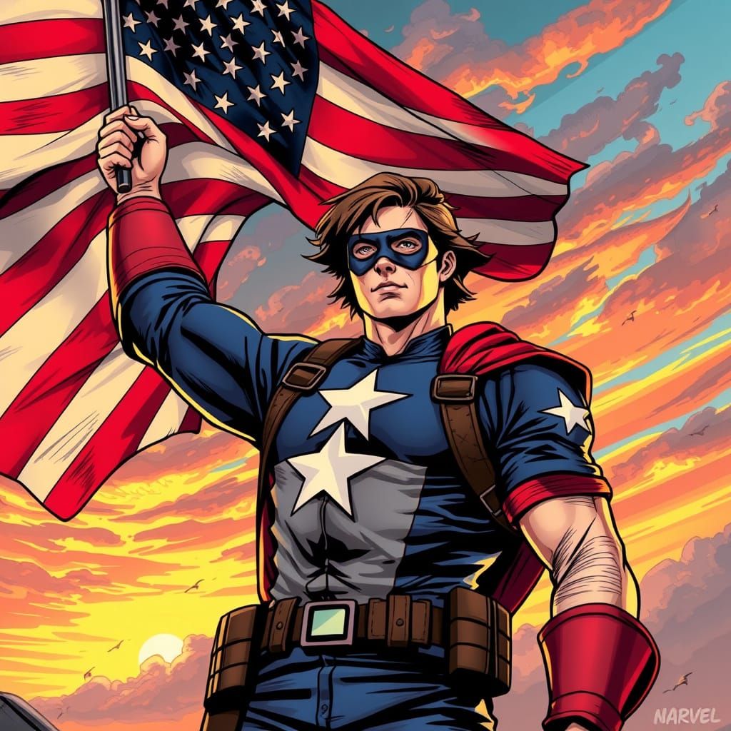 Classic Bucky Barnes Waving American Flag in Sunset