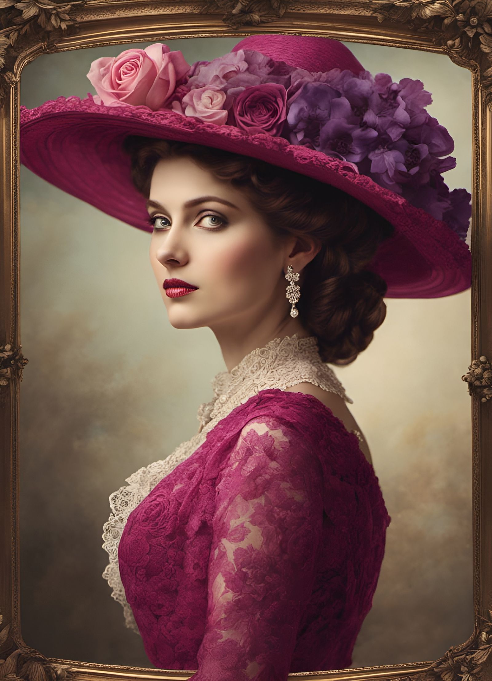 Victorian Lady in Magenta Lace Dress Portrait