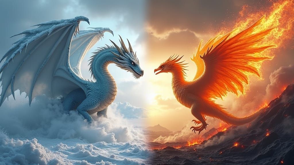 Epic Double Exposure of Frost Dragon and Fire Phoenix