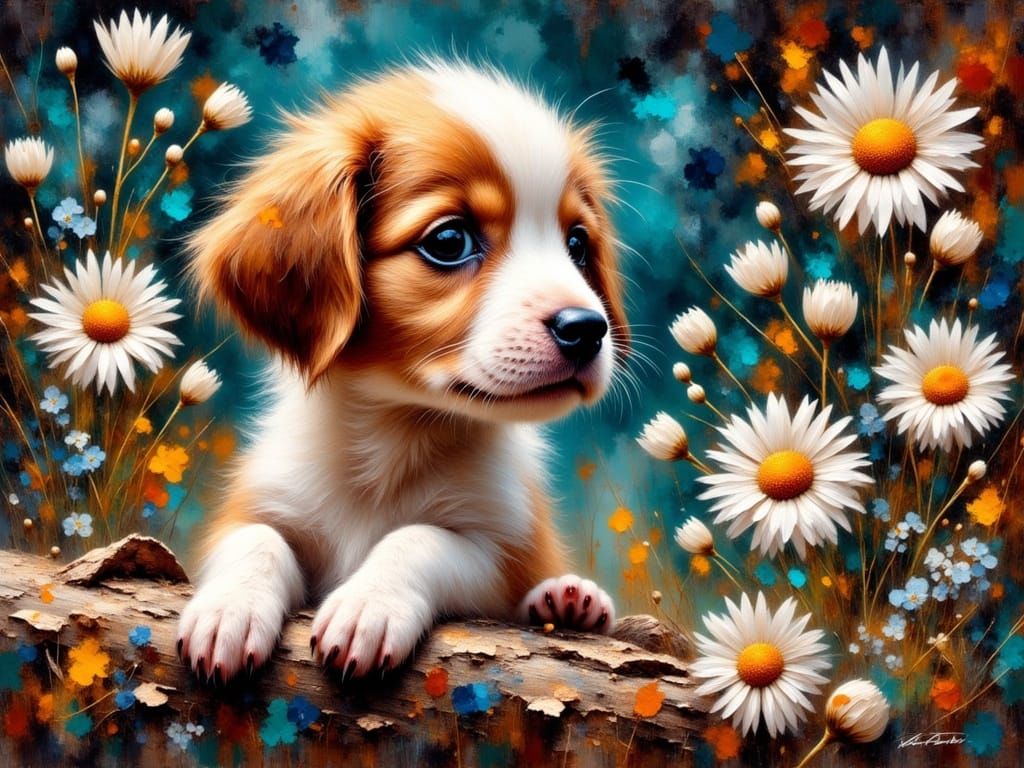 Grunge Impressionist Puppy Holding a Daisy