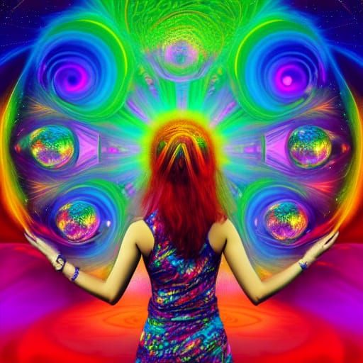 Colorful Girl Controls Cosmos: Psychedelic Art