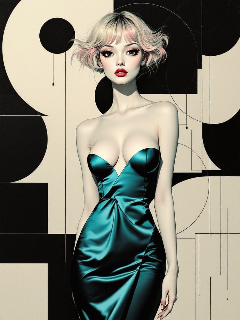 Art Nouveau Pin-Up Woman with Pink Hair