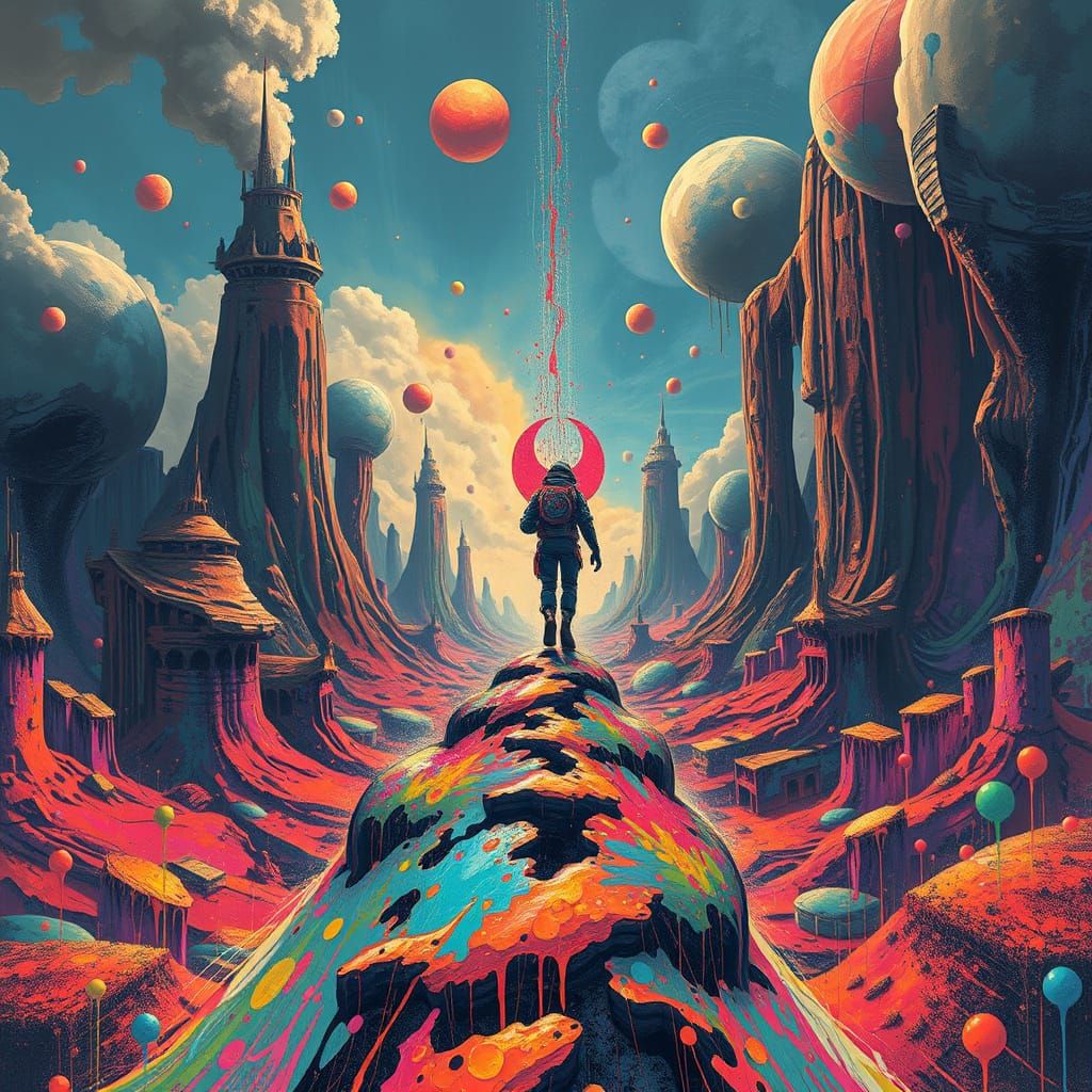 Mystic Figure Navigates Surreal Graffiti Landscapes