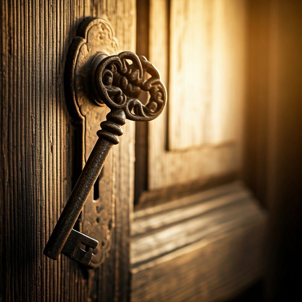 Ornate Key on Wooden Door in Photo-Realistic Style