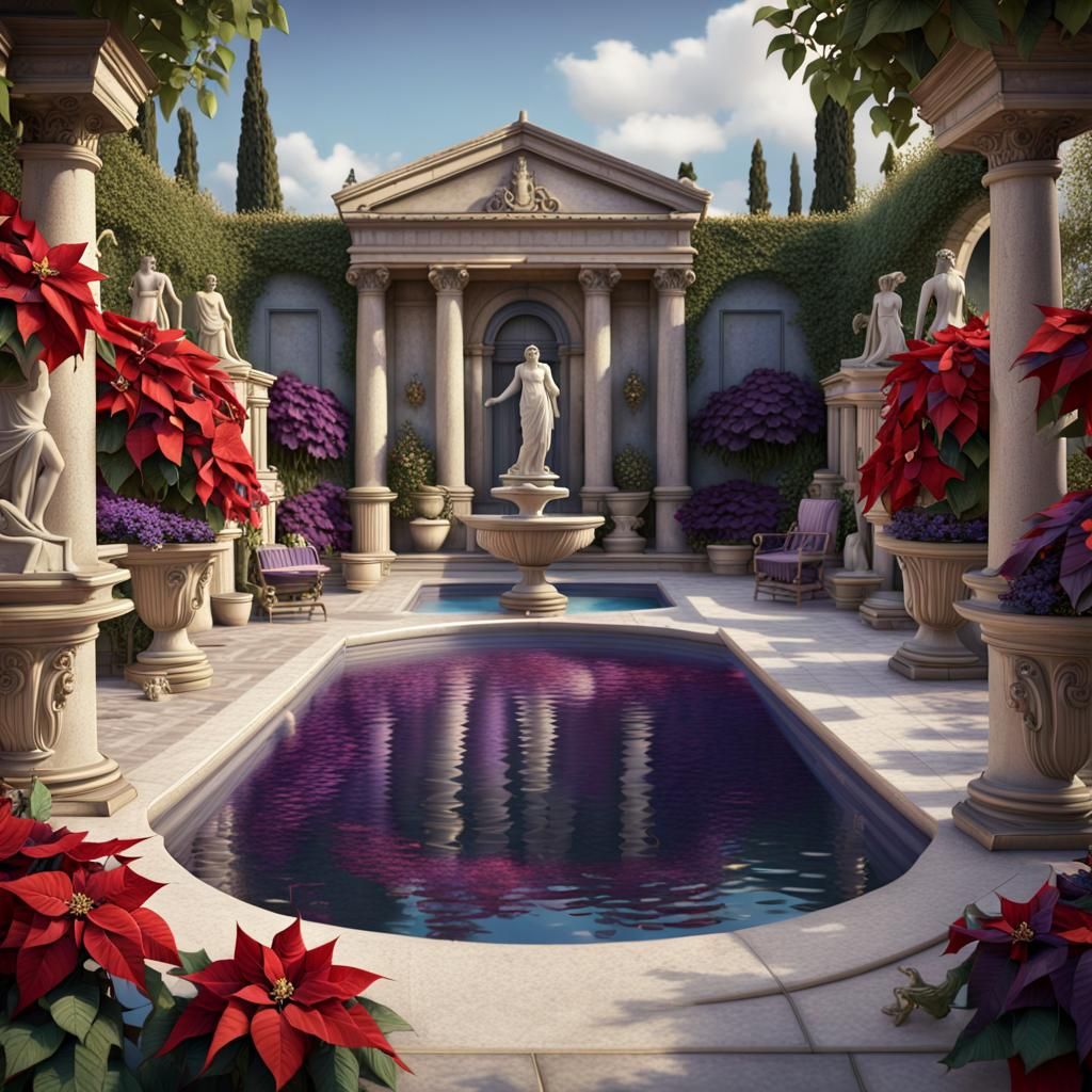 French Garden with Greek Statues and Poinsettias