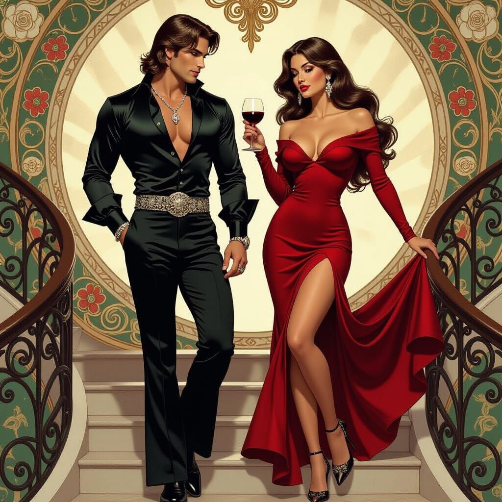 Elegant Couple Ascending Stairs in Art Nouveau Style