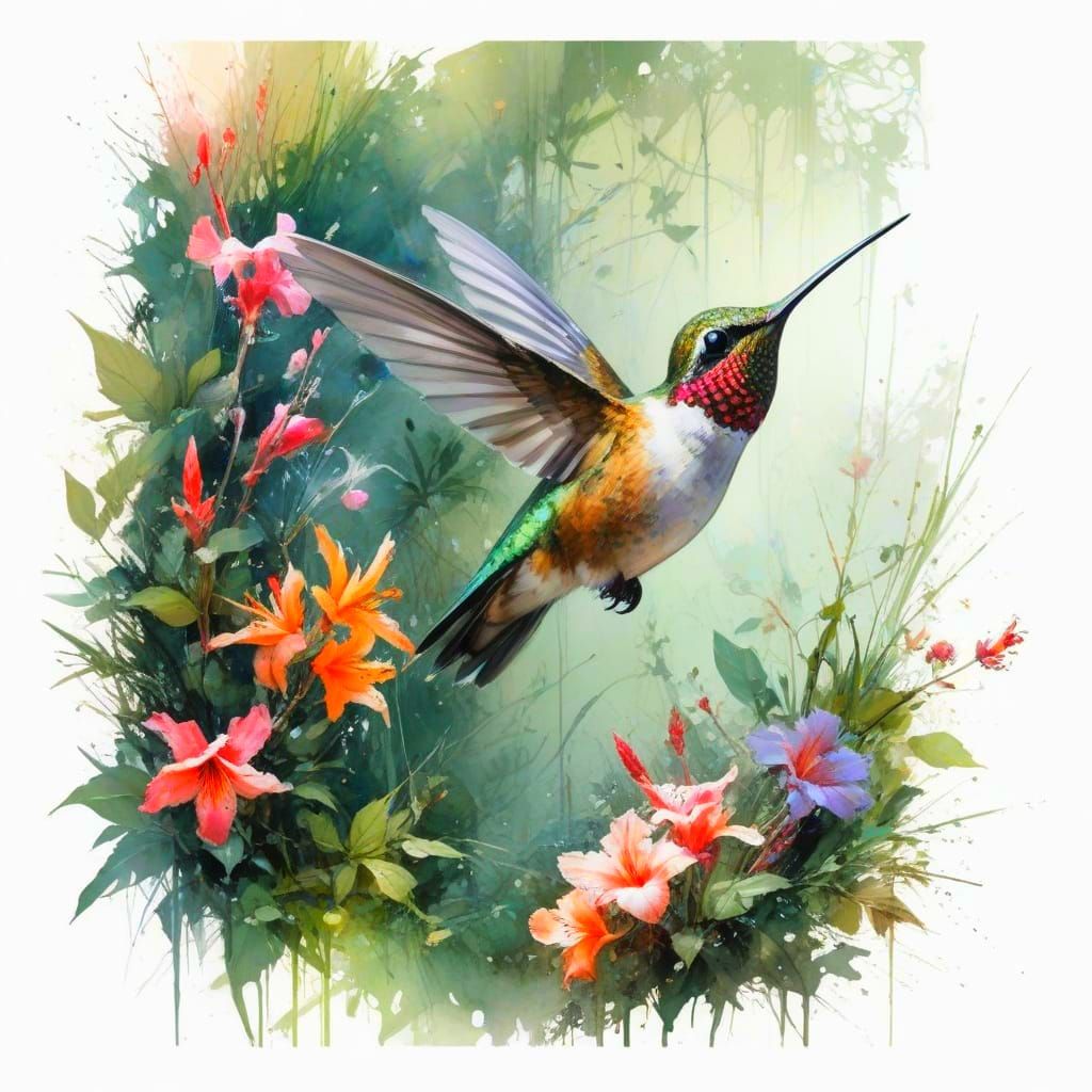 Surreal Tropical Paradise with a Hummingbird in Flight