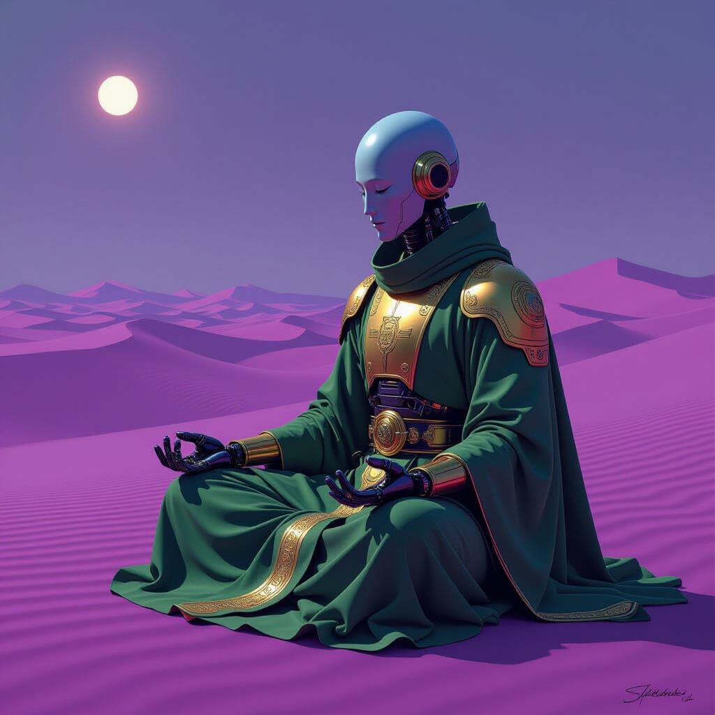 Robotic Monk Meditating in Purple Desert