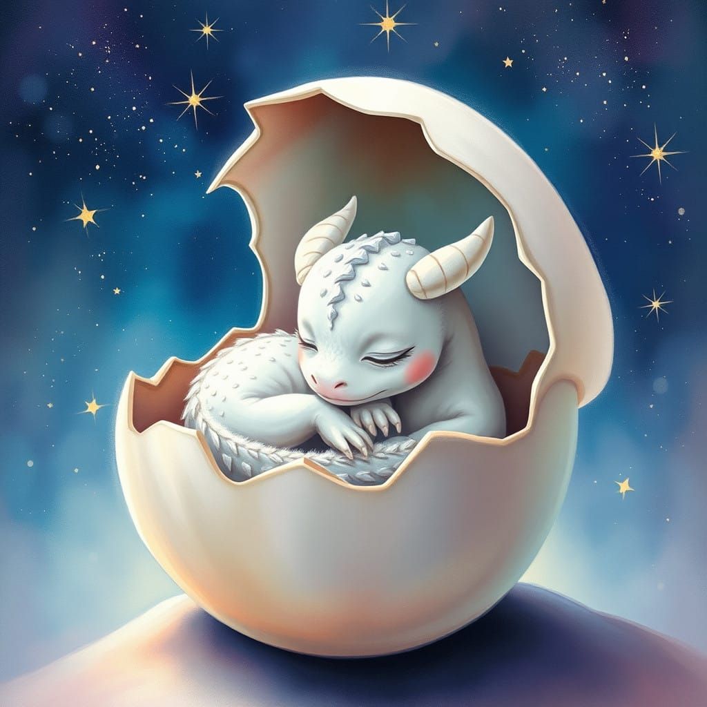 Sleepy White Dragon in a Dreamy Starry Night Scene