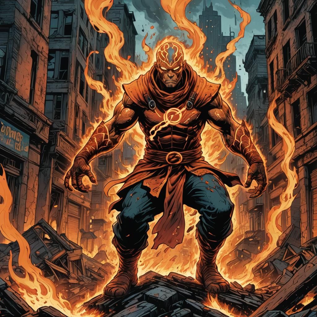 Fire Bender in Burning City, Comic Book Art