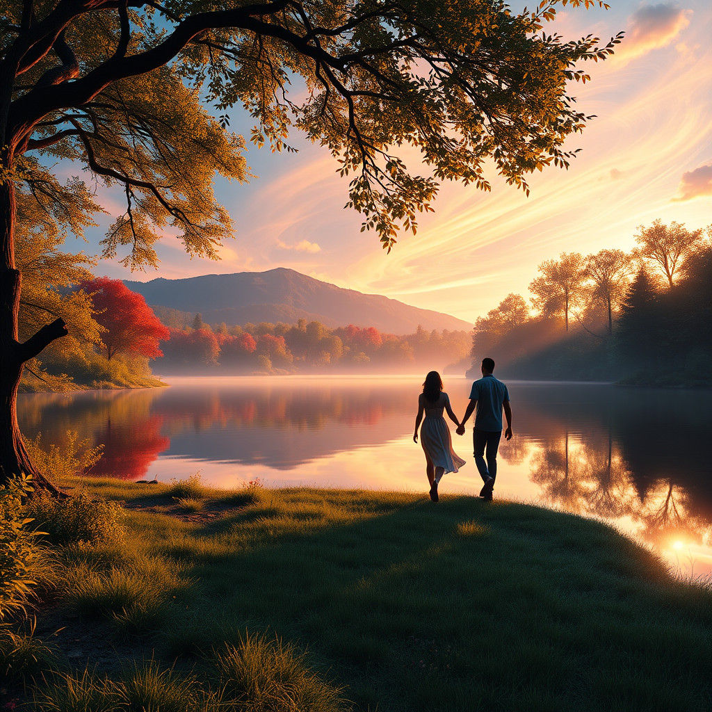 Romantic Lakeside Sunset Stroll, Matte Painting Style