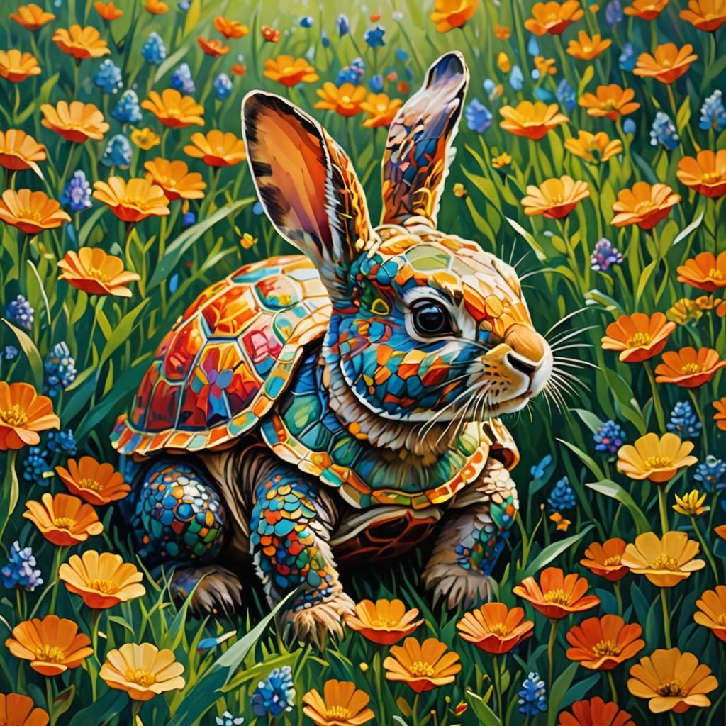 Rabbit and Tortoise in Impasto Oil Painting