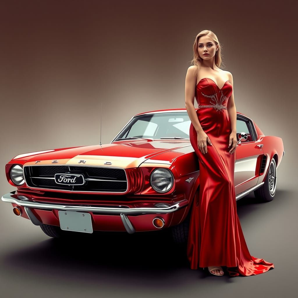 Elegant Woman in Chrome Ford Mustang, Futuristic Style