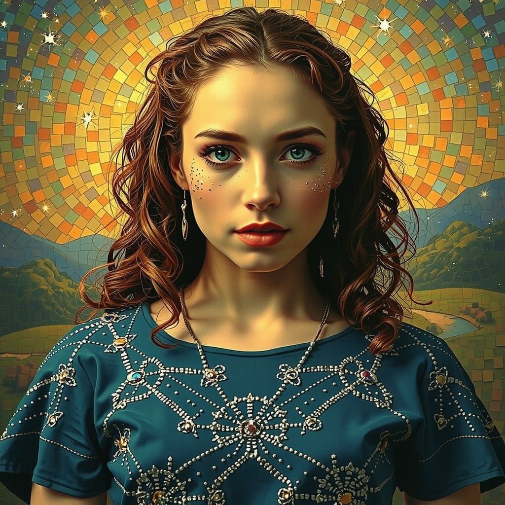 Iridescent Mosaic Woman in Starry Night