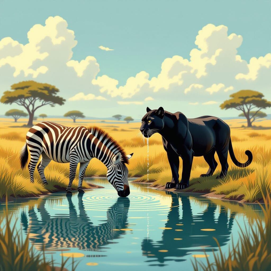 Zebra and Panther at Watering Hole on Sun-Kissed Savannah