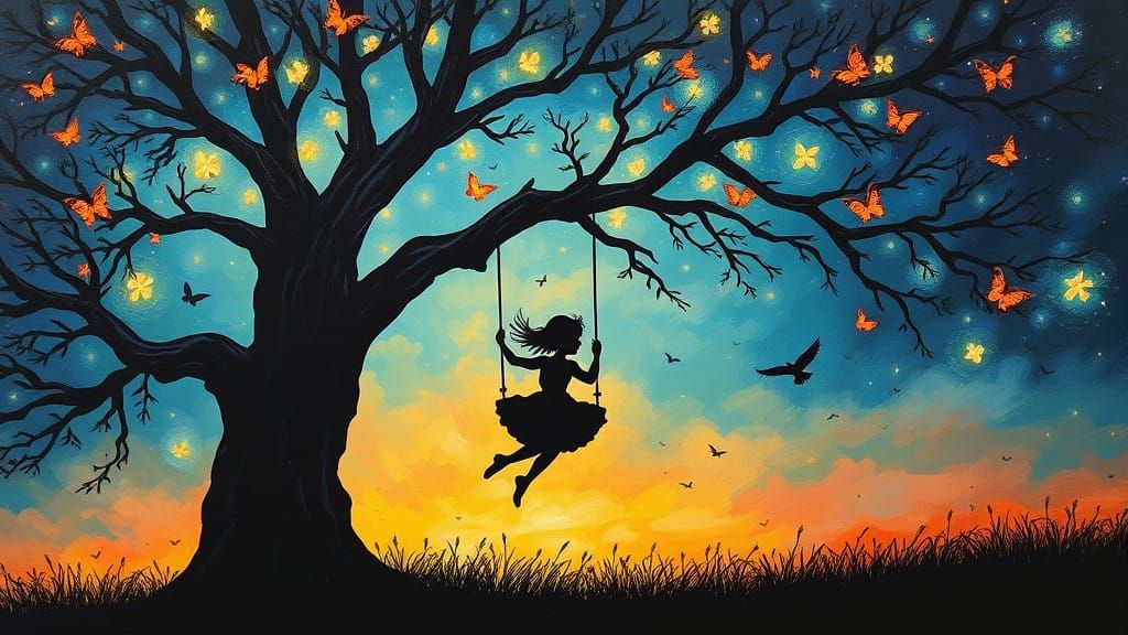 Girl Swings Among Vibrant Fireflies and Butterflies in a Sil...