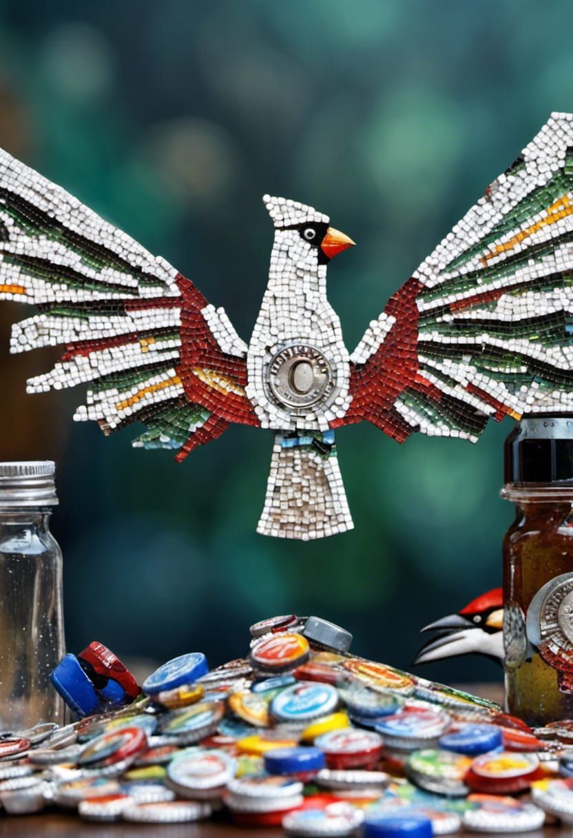 Cardinal Bird Bottle Cap Mosaic in Splash Art Style
