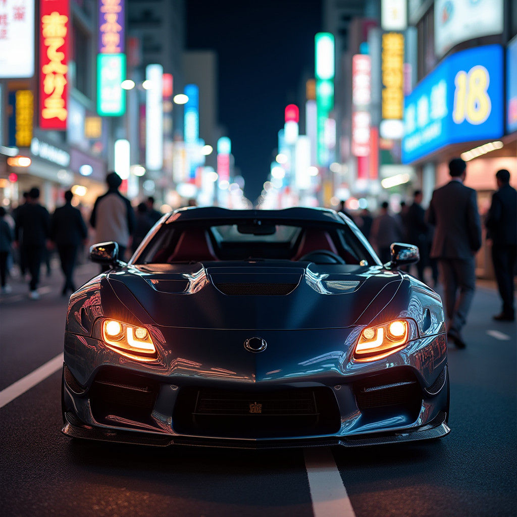 Tokyo Street at Night: Japanese Cars in Neon Glow