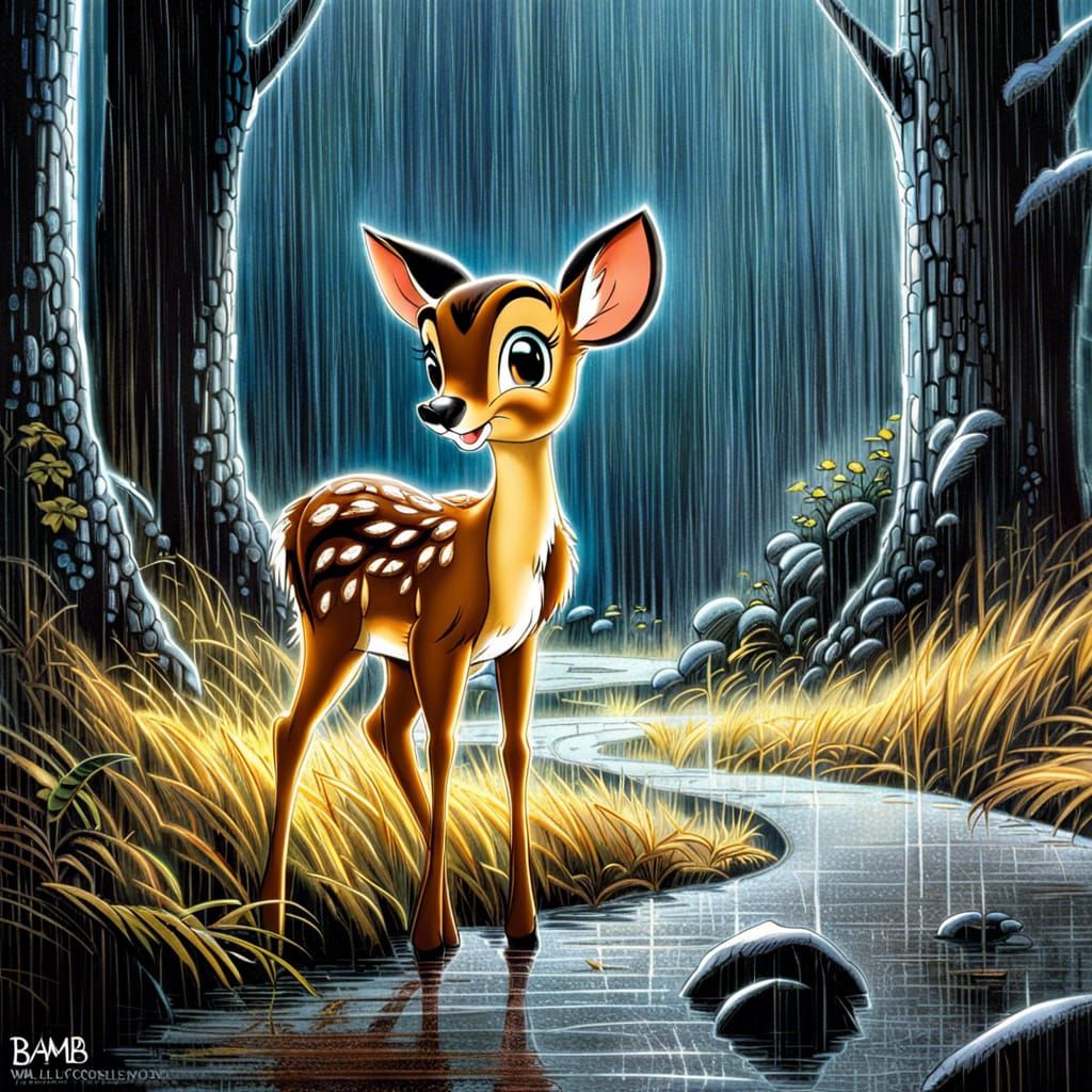 Bambi in Rain: Vintage Cartoon Concept Art