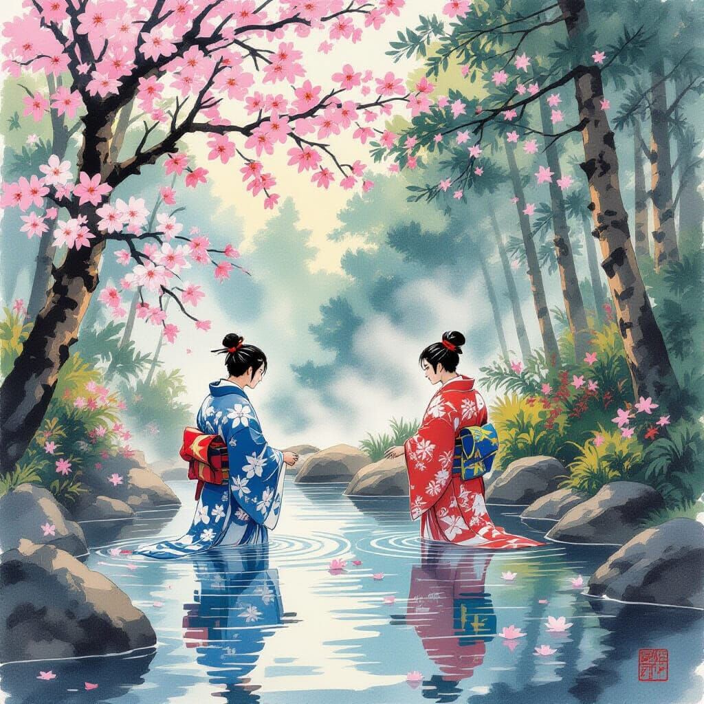 Japanese Men Discover Hot Spring in Ukiyo-e Style