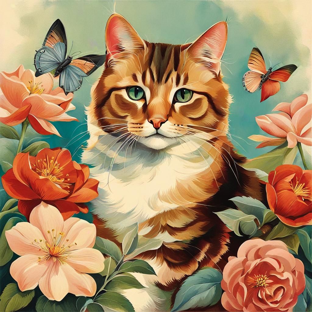 Cute Cat Surrounded by Flowers in Pin-Up Style