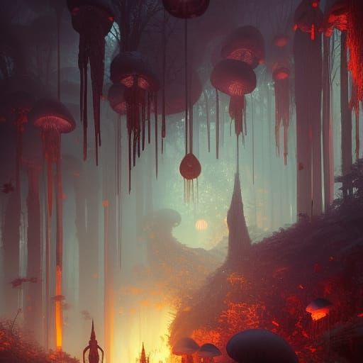 Hyperdetailed Mushroom Underworld in Dark Fantasy Style