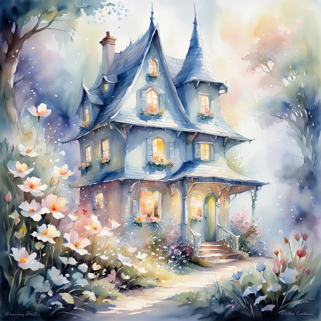 Pixie House Hidden Among Flowers in Watercolour