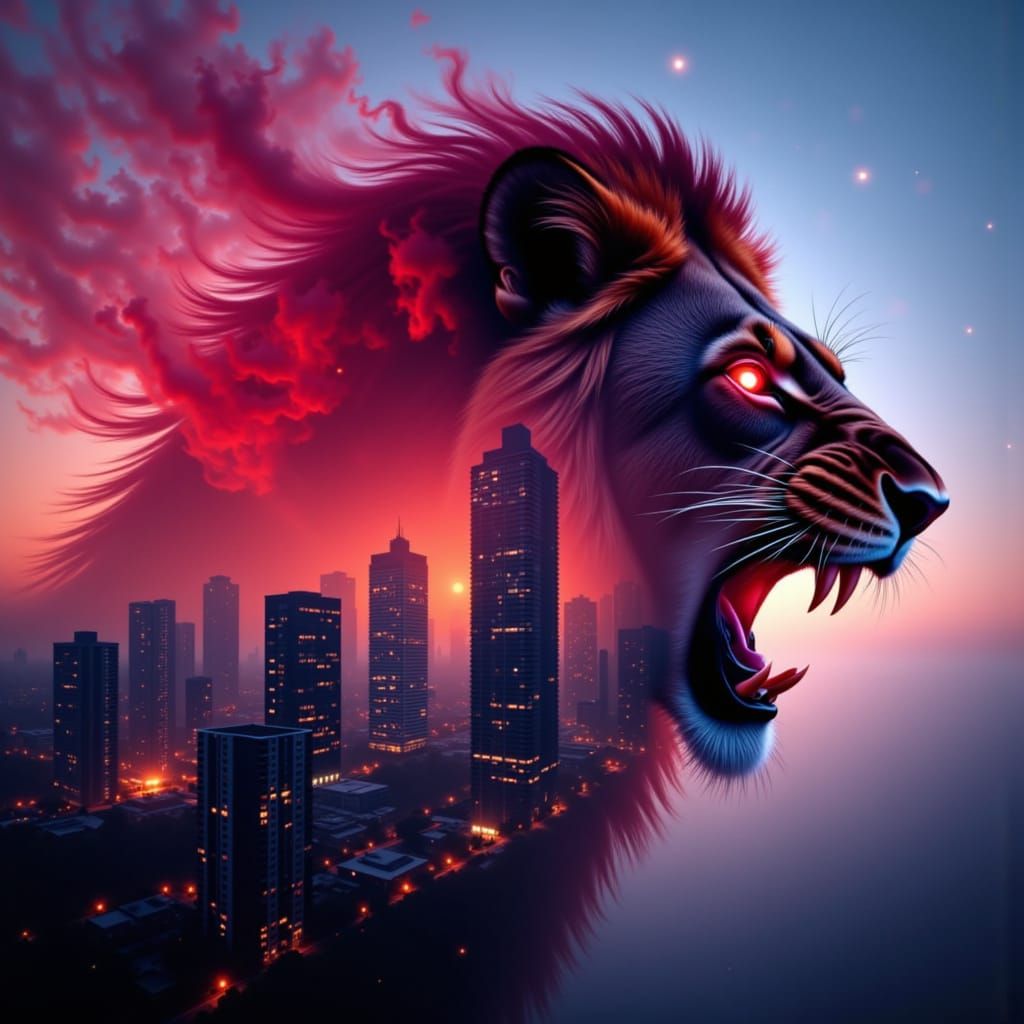 Lion's Head Double Exposure Over Cityscape at Dusk