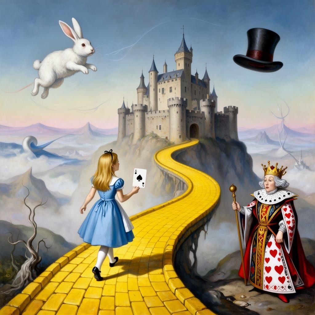 Alice Walks Yellow Brick Road to Castle in Dali Style
