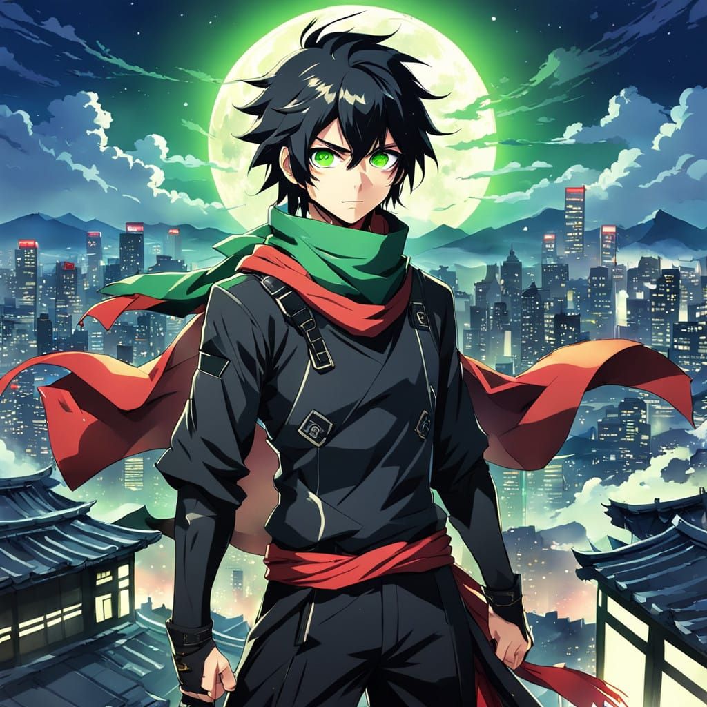 Sleek Ninja Boy Conquers Moonlit Metropolis in Anime Key Vis...