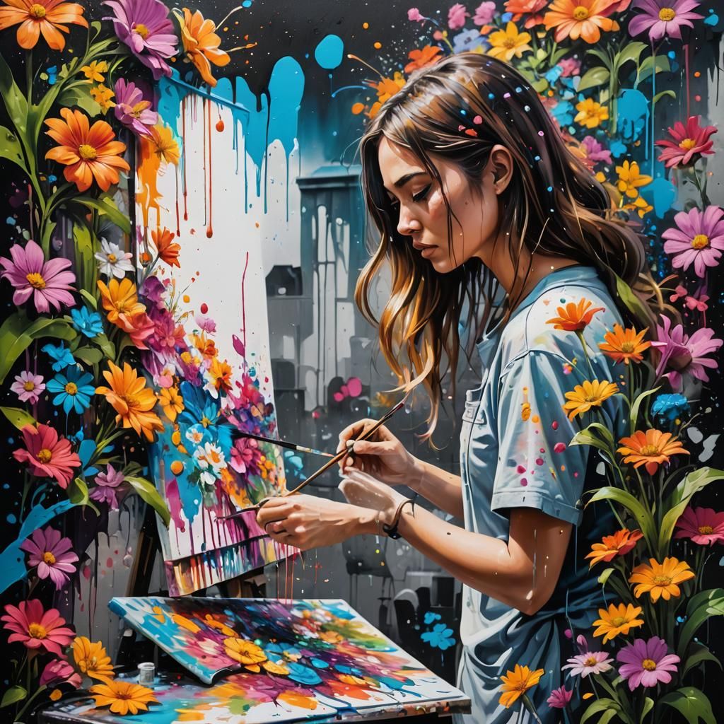 Girl Paints Flowers in Graffiti Street Art Style