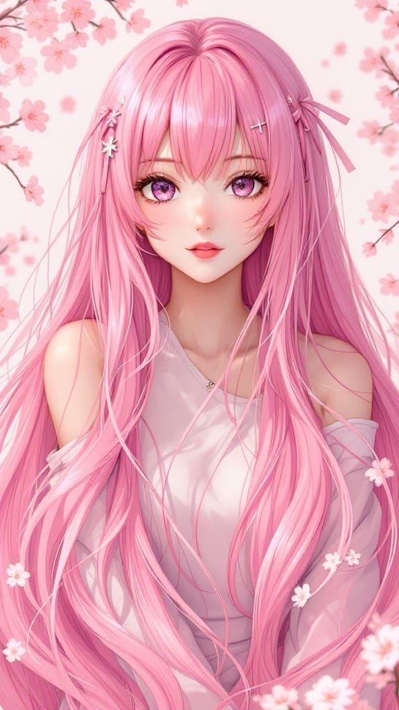 Anime Girl with Long Pink Hair in Manga Style
