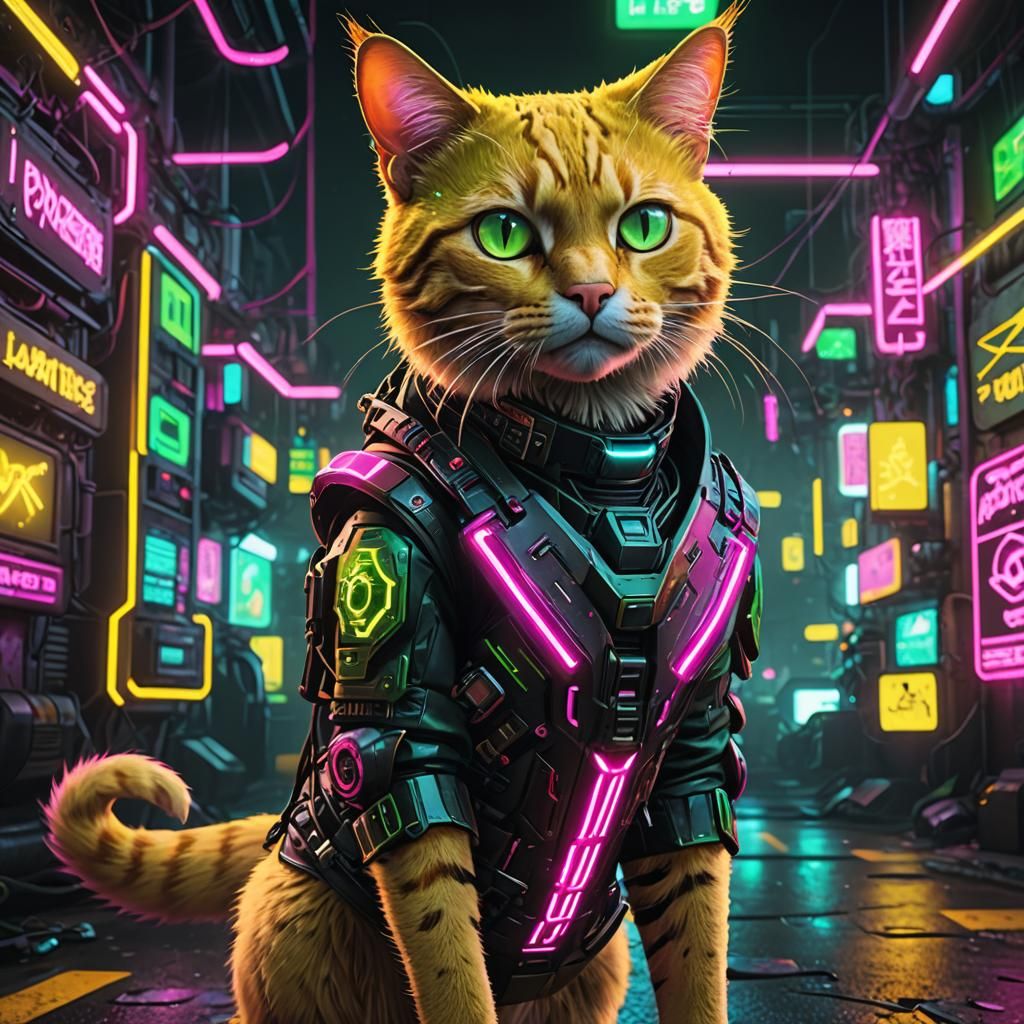 Cyberpunk Cat with Neon Lights: A Digital Painting
