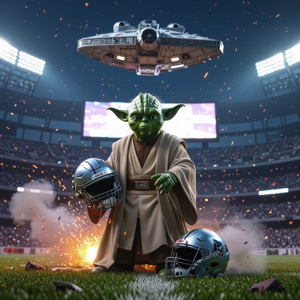 Yoda in Football Stadium with Millennium Falcon