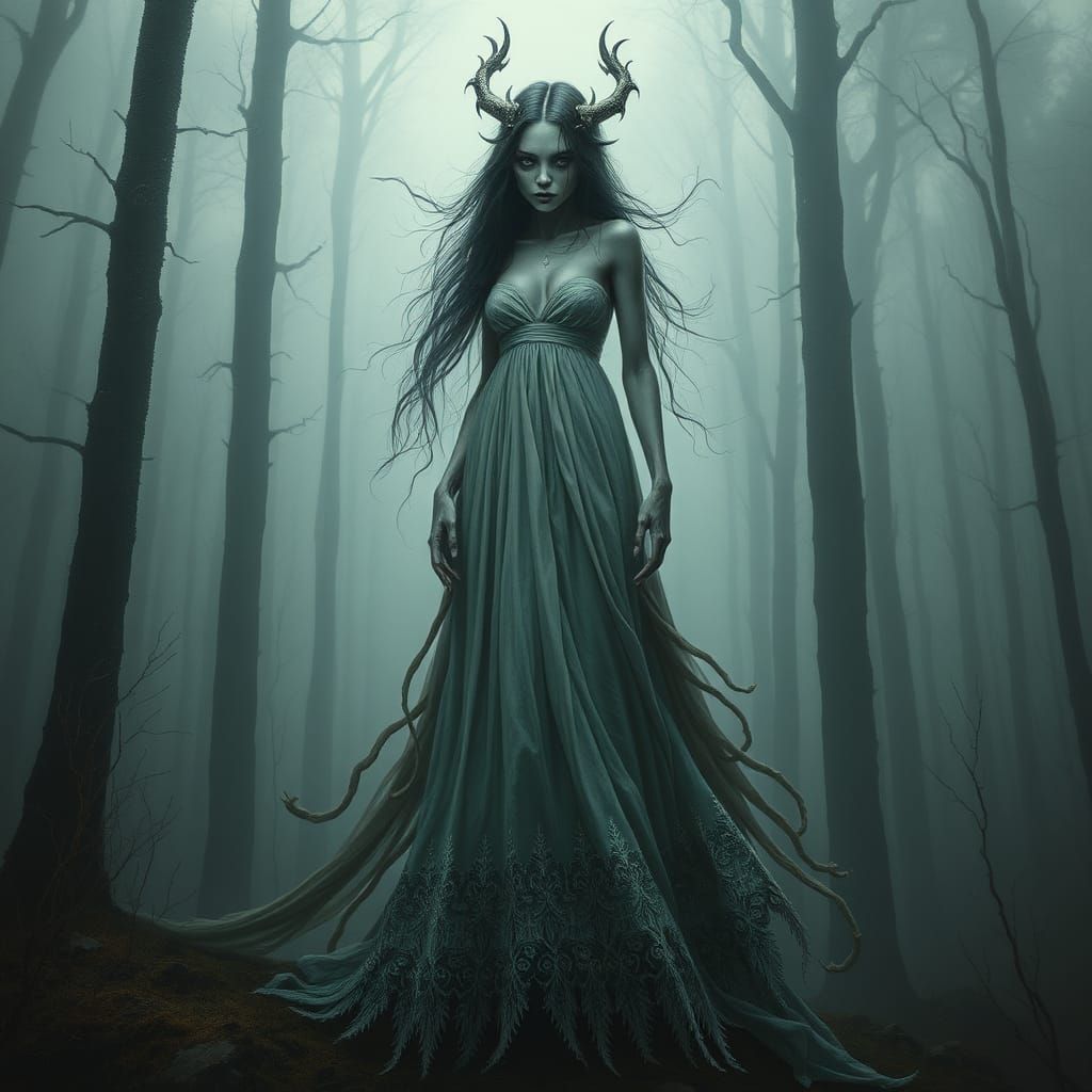 Ethereal Wendigo Maiden in Frost-Embroidered Gown