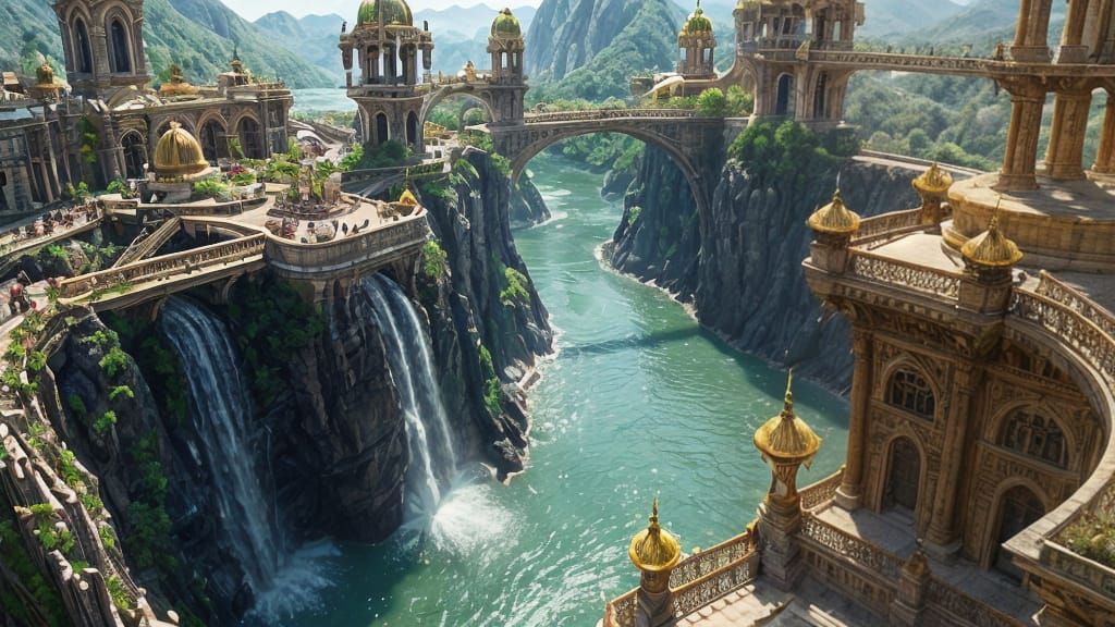 Fantasy Cliffside City with Golden Spires and Waterfalls