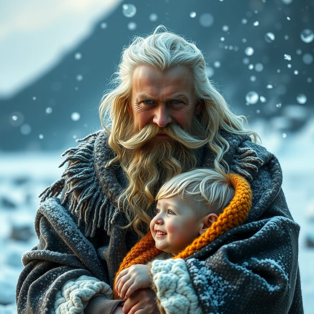 Viking and Child Brave a Frozen Storm